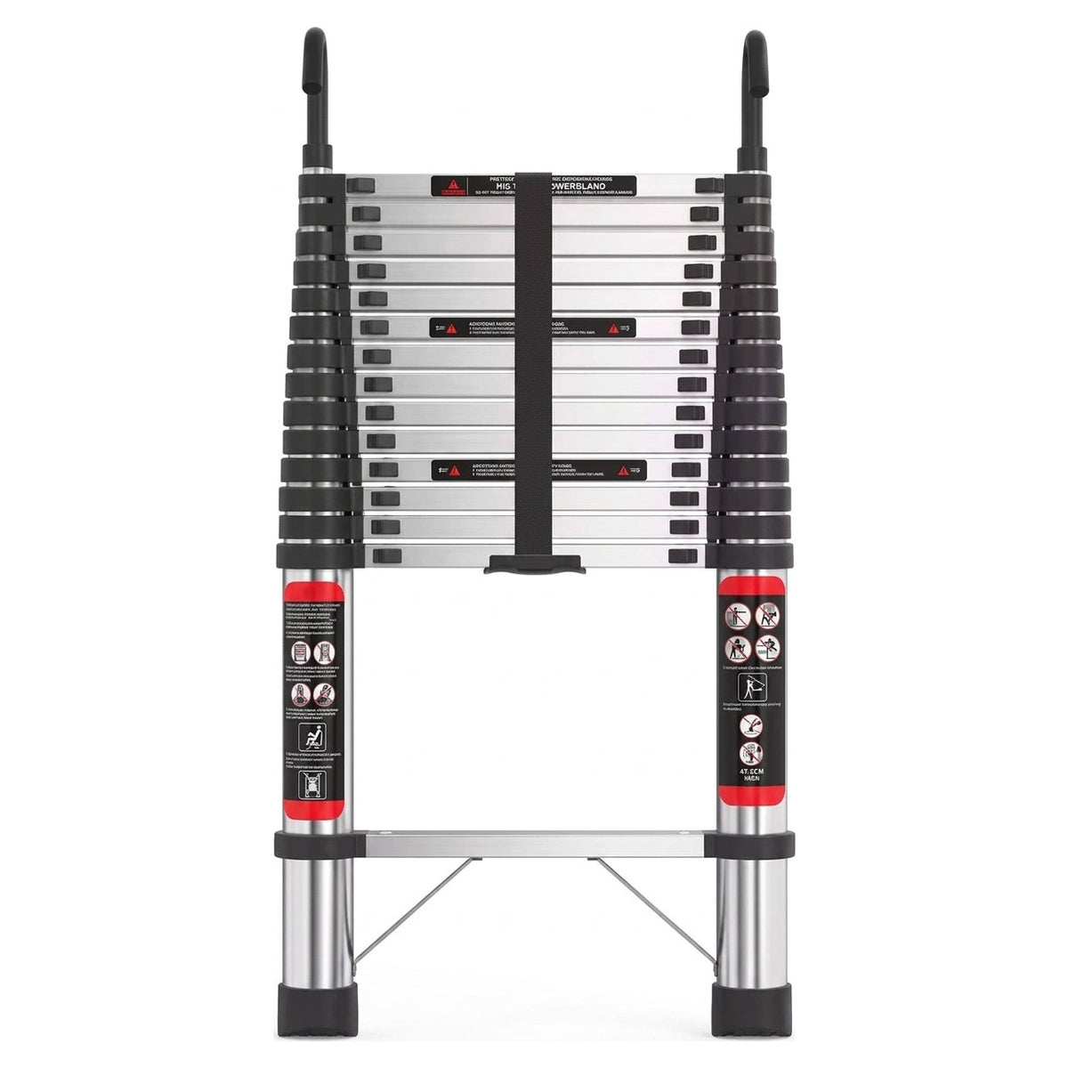 4.4m telescopic ladder with hooks, closed, front view