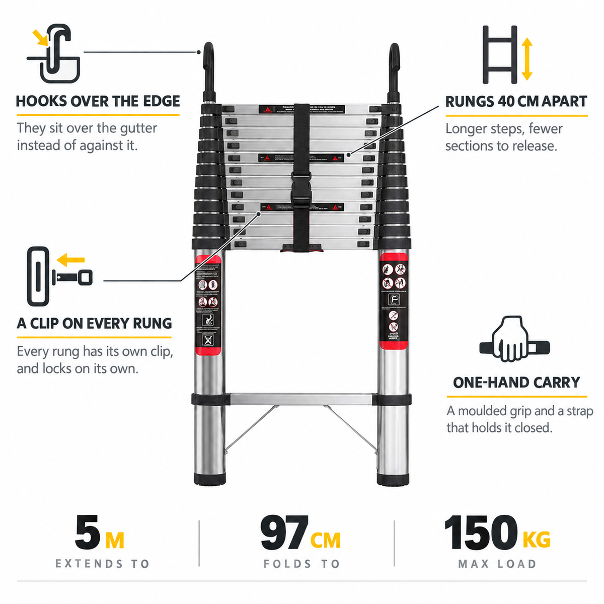 5m Telescopic Ladder with Hooks