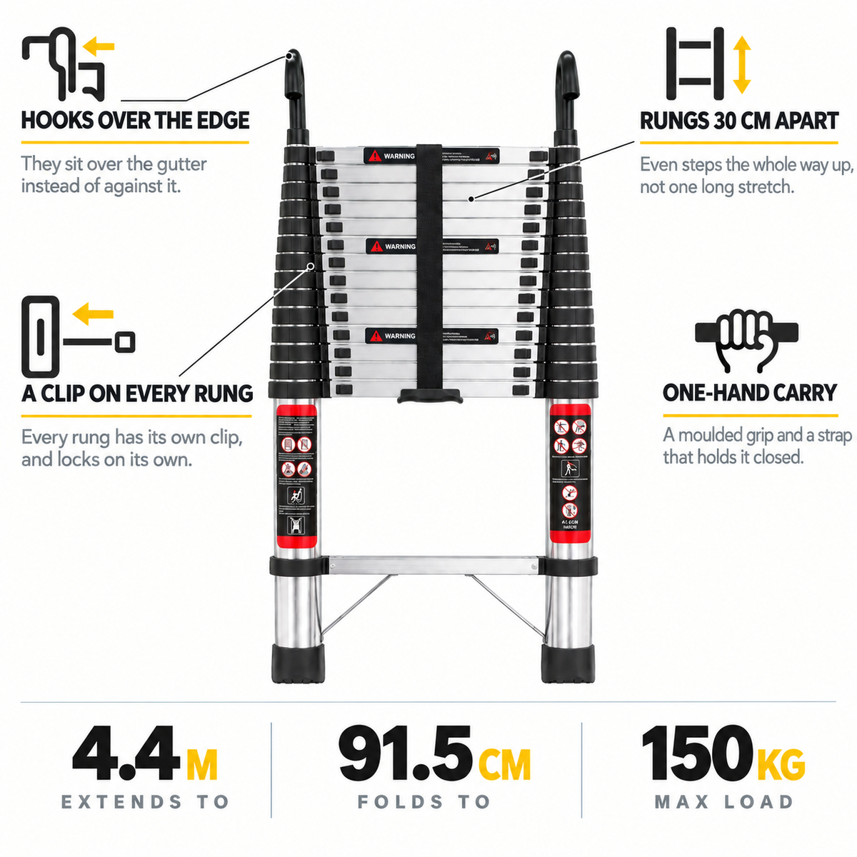 4.4m Telescopic Ladder with Hooks