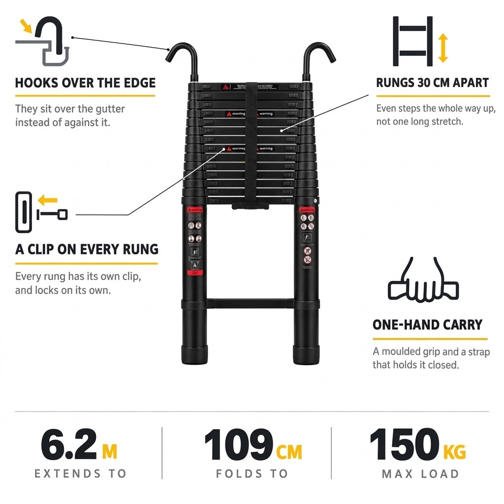 6.2m Telescopic Ladder with Hooks — Black