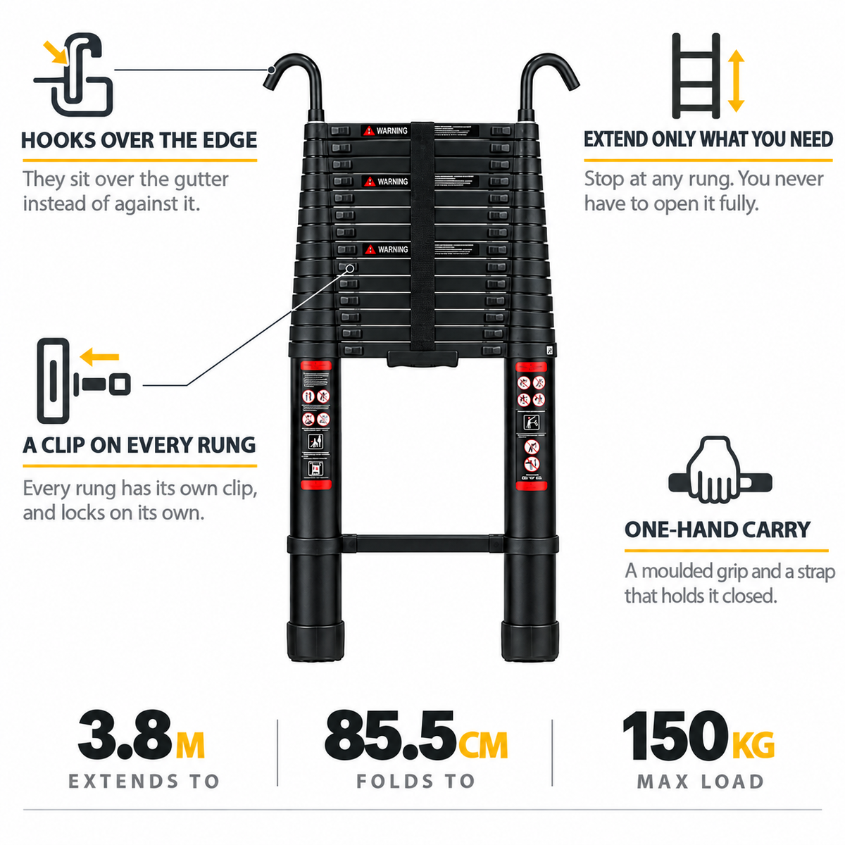 3.8m Telescopic Ladder with Hooks — Black