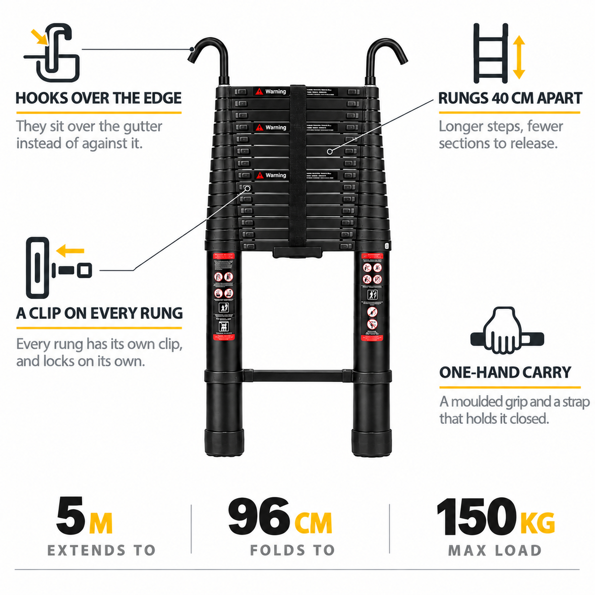 5m Telescopic Ladder with Hooks — Black