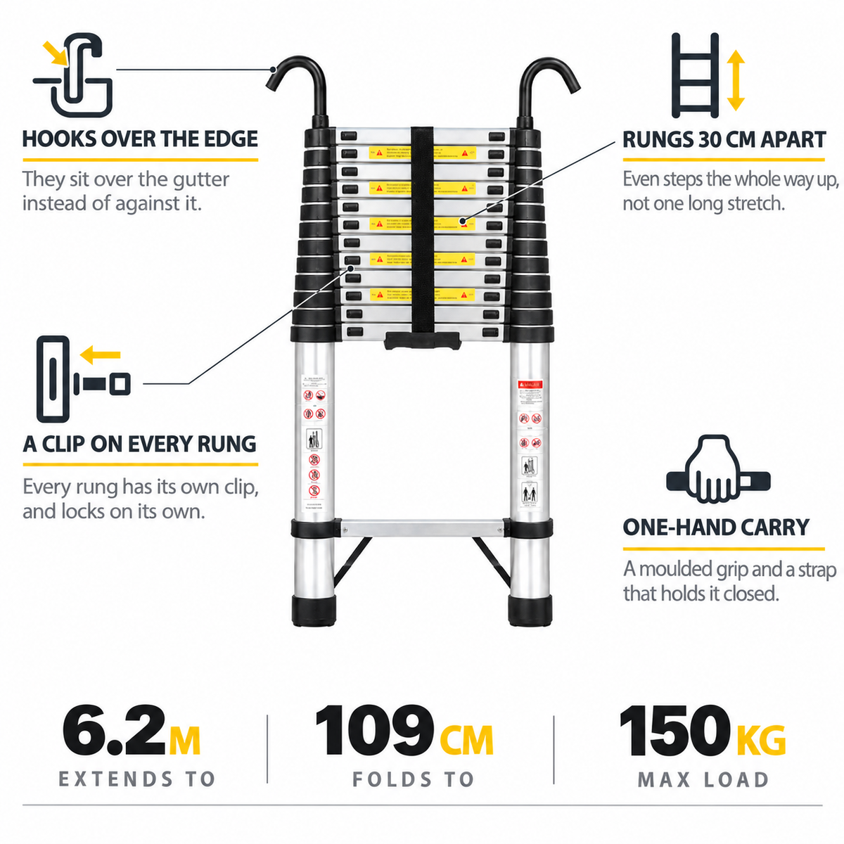 6.2m Telescopic Ladder with Hooks