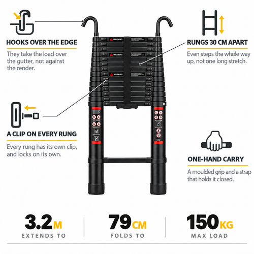 3.2m Telescopic Ladder with Hooks — Black
