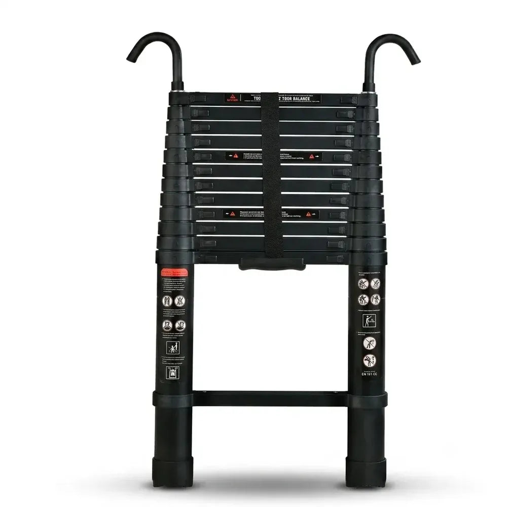 3.8m Telescopic Ladder with Hooks — Black
