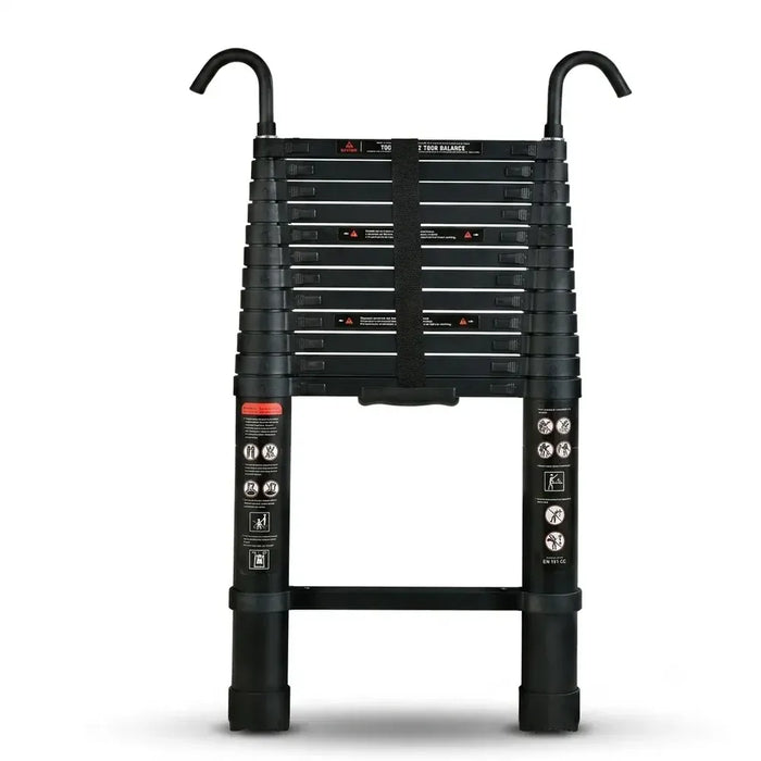 3.8m Telescopic Ladder with Hooks — Black