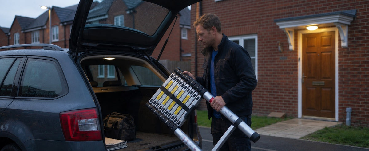 A man loading a closed telescopic ladder into a car boot on a UK driveway at dusk